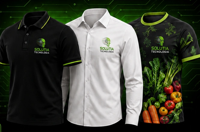 Polo bordada, camisa social bordada e dryfit sublimada